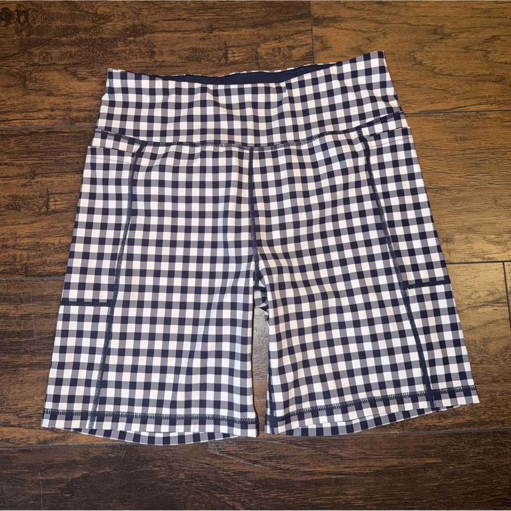Women's Draper James Athletic Biker Blue Checkered Athletic Shorts L Cottagecore